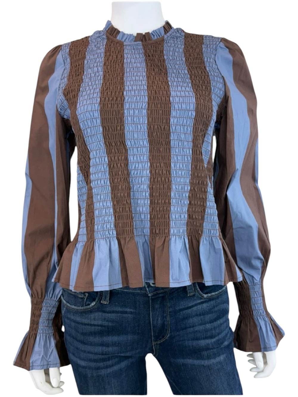 MIND TRAVELER NWT Brown Striped Smocked Chia Blouse Size L F0787